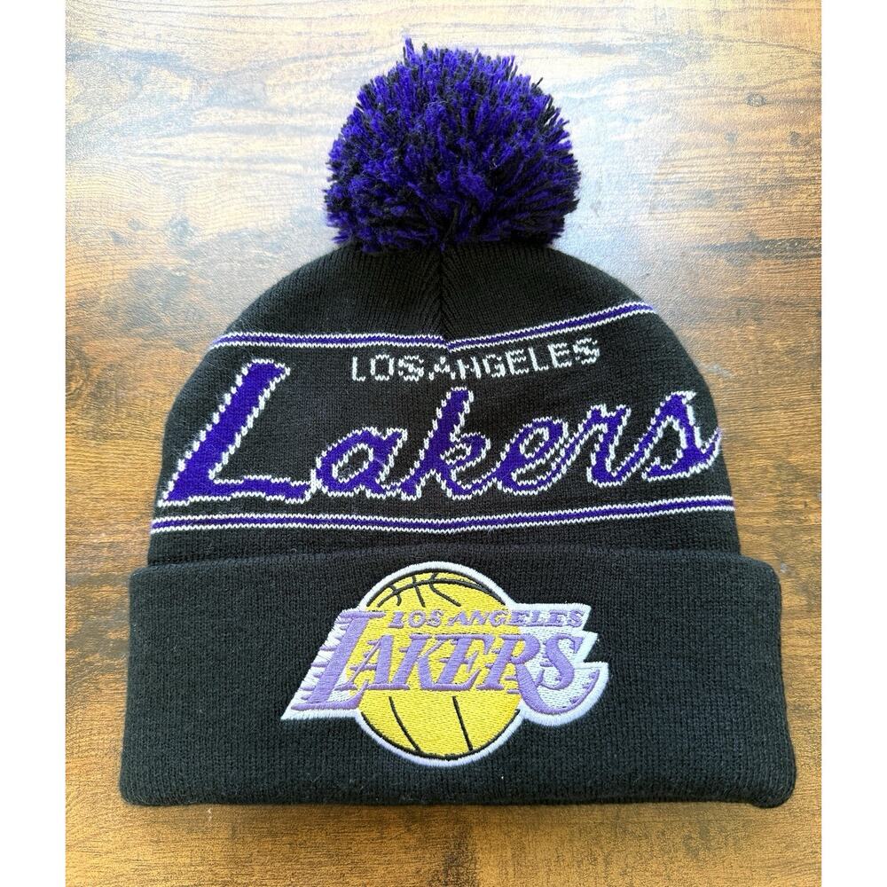 Mitchell & Ness Los Angeles Lakers NBA Team Pom Beanie Hat Cap Fold Over